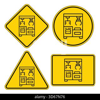 Set di segnali di sicurezza industriali che illustrano le linee guida per il funzionamento delle apparecchiature. I segnali utilizzano simboli chiari che indicano attenzione e sicurezza sul luogo di lavoro Illustrazione Vettoriale