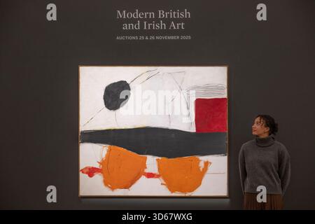 Sotheby's, Londra, Regno Unito. 19 novembre 2025. La vendita di Modern British & Irish Art si svolge il 25-26 novembre 2025. Le attrazioni includono: Roger Hilton, maggio 1963. Stimate £ 150.000-250.000. Crediti: Malcolm Park/Alamy Live News Foto Stock