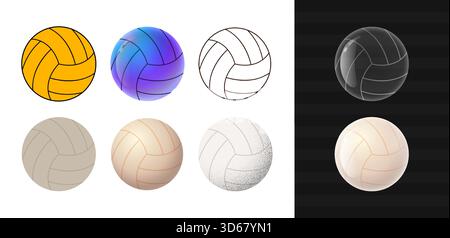 Set di pallavolo collezione vettoriale con diversi stili. Illustrazione vettoriale delle icone di pallavolo dettagliate. Illustrazione Vettoriale
