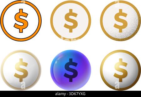 Collezione di icone vettoriali di monete da un dollaro in moderni modelli in vetro. Illustrazione vettoriale dettagliata del simbolo del dollaro, perfetta per applicazioni finanziarie e web design. Illustrazione Vettoriale
