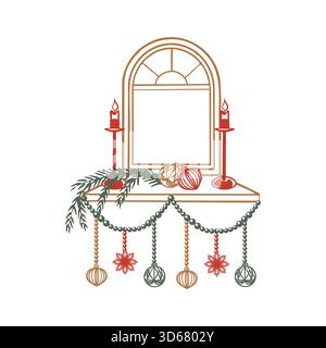 Finestra di Natale decorata con candele, perline e un ramo di abete. Illustrazione grafica disegnata a mano. Clip art pastello vettoriale per le carte di Capodanno Illustrazione Vettoriale