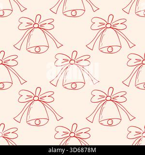 Motivo natalizio Coquette core senza cuciture. Linea disegnata a mano con calza di Natale isolata rossa, campana e fiocco su sfondo beige. Stampa stravagante. Illustrazione Vettoriale