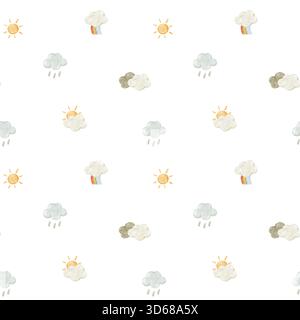 Motivo senza cuciture con acquerello sole, nuvole, pioggia e arcobaleno. Design accattivante e resistente alle intemperie per tessuti per bambini, decorazioni per vivai, carta da rivestimento, tessuto Foto Stock