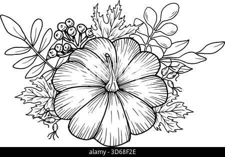 Zucca con foglie d'acero, bacche di rowan e rosa fianchi. Illustrazione del vettore botanico disegnata a mano. Art. Linea nera. Composizione giardino autunnale per Illustrazione Vettoriale