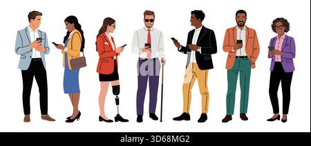 Gruppo di persone aziendali diverse che utilizzano smartphone Illustrazione Vettoriale