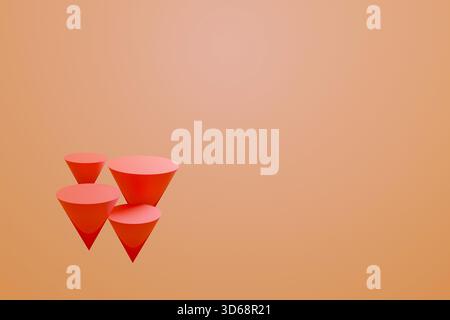 Scenografia astratta con coni geometrici podi appesi nello spazio su sfondo beige. Sfondo astratto. Scena per mostrare qualsiasi prodotto per la pubblicità. rendering 3d. Foto Stock
