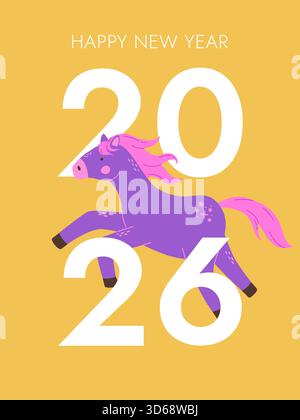 Tessera per il felice anno nuovo 2026 con un allegro cavallo da salto. Illustrazione del vettore di sfondo per la celebrazione dello zodiaco cinese. Illustrazione Vettoriale