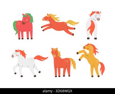 Set di simpatici personaggi dei cartoni animati in pose gioiose illustrazioni vettoriali. Capodanno cinese 2026 Illustrazione Vettoriale