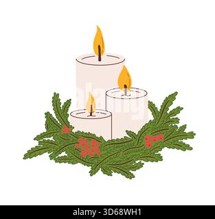 Disegna a mano la decorazione delle candele di Natale con un'illustrazione vettoriale della corona di pino Illustrazione Vettoriale