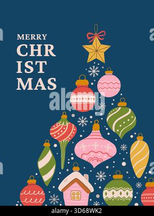 Carino biglietto di auguri natalizi con baule e decorazioni che creano un'illustrazione vettoriale della silhouette dell'albero di Natale. Sfondo delle vacanze invernali Illustrazione Vettoriale