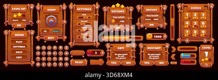 Interfaccia di gioco in legno con legno, corde, tavole intagliate, risorsa grafica vettoriale. Menu in legno e negozio, premi, schermata di sconfitta vittoria, impostazioni dell'interfaccia e pulsanti. Barra di legno di avanzamento del gioco e selezione del livello Illustrazione Vettoriale