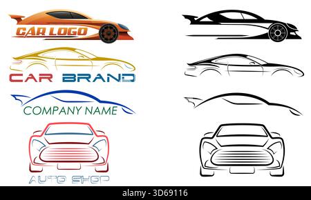 logo dell'auto per la tua azienda o azienda imposta il logotipo il colore del cartoni animati e l'illustrazione vettoriale in bianco e nero isolata su sfondo bianco Illustrazione Vettoriale