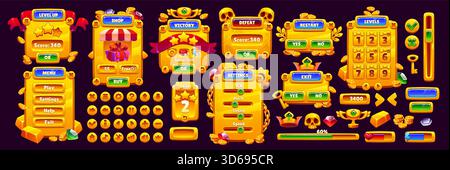 Interfaccia di gioco dorata con negozio di gioielli, menu dorato, schermata di sconfitta vittoria e livelli di gioco, interfaccia utente vettoriale. Barra di avanzamento dei cartoni animati e pannello punteggio con pulsanti e gemme dorati brillanti, risorsa di interfaccia di gioco Illustrazione Vettoriale