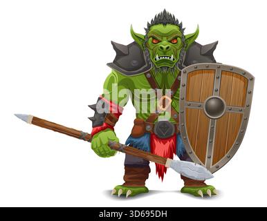 il minaccioso e spaventoso troll verde dei goblin orc si trova in una posa bellica illustrazione vettoriale del cartone animato isolata su sfondo bianco Illustrazione Vettoriale