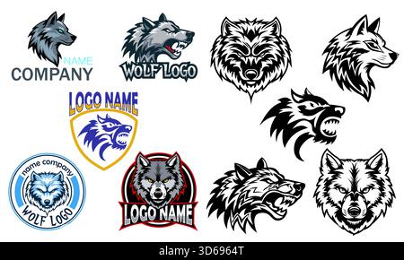 logo wolf creativo e originale per la tua azienda o azienda imposta il logotipo il colore dei cartoni animati e l'illustrazione vettoriale in bianco e nero isolata su bianco Foto Stock