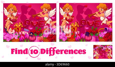 Scopri dieci differenze sullo striscione valentine. Adora il foglio di lavoro vettoriale del puzzle per le feste, il quiz di abbinamento per San Valentino. Indovina la ricerca delle differenze con cupidi, fiori e regali natalizi carini Illustrazione Vettoriale