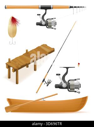 oggetti per le attrezzature da pesca illustrazione vettoriale dello stock di cartoni animati isolata su sfondo bianco Illustrazione Vettoriale