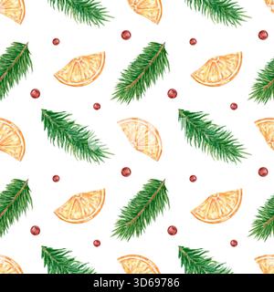 Motivo natalizio senza cuciture con rami di pino acquerello, fette di arancia e frutti di bosco rossi. Frutti ad acquerello disegnati a mano e rami di abete rosso. Sfondo festivo per le decorazioni delle vacanze invernali. Foto Stock