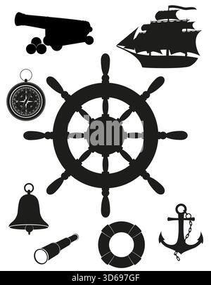 icone di oggetti d'antiquariato nautico marino silhouette nera cartoni animati illustrazione vettoriale isolata su sfondo bianco Illustrazione Vettoriale