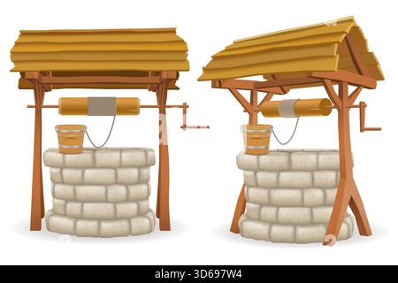 pozzetto per acqua in pietra con tetto in legno illustrazione vettoriale di cartoni animati isolata su sfondo bianco Illustrazione Vettoriale