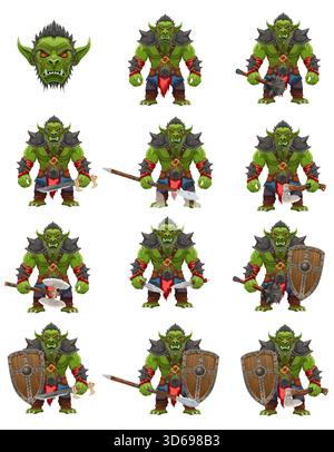il minaccioso e spaventoso troll verde dei goblin orc si trova in una posa bellica illustrazione vettoriale del cartone animato isolata su sfondo bianco Illustrazione Vettoriale