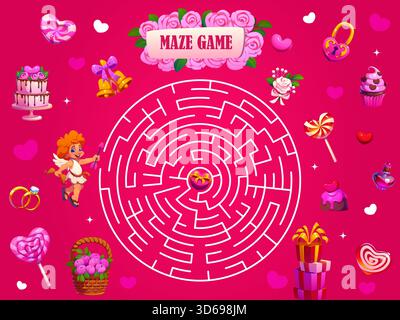 Festa di San Valentino labirinto gioco labirinto. Adora il puzzle vettoriale del percorso di ricerca delle vacanze, trova il foglio di lavoro labirinto. Labirinto di San Valentino, quiz per bambini o enigma con cupido, fiori, dessert e regali Illustrazione Vettoriale