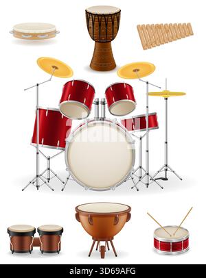 molti strumenti musicali a percussione diversi illustrazioni vettoriali di cartoni animati isolati su sfondo bianco Illustrazione Vettoriale