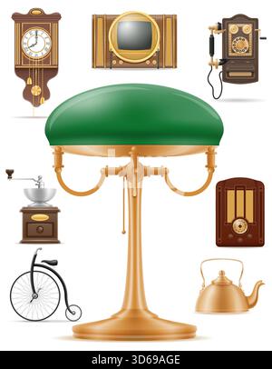 un sacco di oggetti diversi, grandi e grandi oggetti, oggetti d'epoca, cartoni animati, illustrazioni vettoriali isolate su sfondo bianco Illustrazione Vettoriale