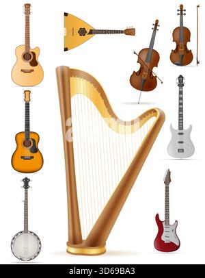 un sacco di strumenti musicali a corde diverse illustrazioni vettoriali di cartoni animati isolate su sfondo bianco Illustrazione Vettoriale