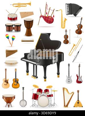molti strumenti musicali diversi illustrazioni vettoriali di cartoni animati isolate su sfondo bianco Illustrazione Vettoriale