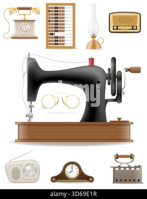 un sacco di oggetti diversi, grandi e grandi oggetti, oggetti d'epoca, cartoni animati, illustrazioni vettoriali isolate su sfondo bianco Illustrazione Vettoriale