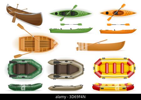 barche a remi con remi per attività ricreative attive e illustrazione vettoriale di cartoni animati per la pesca isolata su sfondo bianco Illustrazione Vettoriale