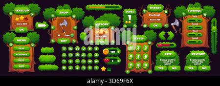 Risorsa di interfaccia di gioco della foresta verde con elementi vettoriali della GUI di pulsanti a foglia, pannelli ad albero, icone e menu di interfaccia. Selezione del livello di gioco foresta, negozio, schermata di sconfitta vittoria, barra di avanzamento e cursori Illustrazione Vettoriale