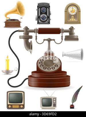 un sacco di oggetti diversi, grandi e grandi oggetti, oggetti d'epoca, cartoni animati, illustrazioni vettoriali isolate su sfondo bianco Illustrazione Vettoriale