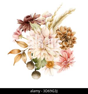 Bouquet di foglie di fiori d'autunno. Piante autunnali Dahlia Chrysanthemum Daisy. Illustrazione floreale ad acquerello disegnata a mano isolata su sfondo bianco Foto Stock