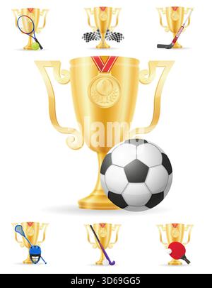 giochi sportivi coppe d'oro vincitore cartoni animati immagine vettoriale di stock isolata su sfondo bianco Illustrazione Vettoriale