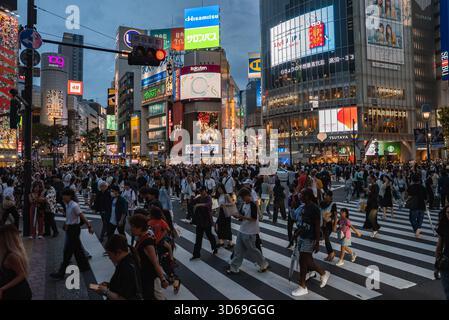 Shibuya Crossing al crepuscolo con i cartelli Tsutaya e Shibuya 109 Foto Stock