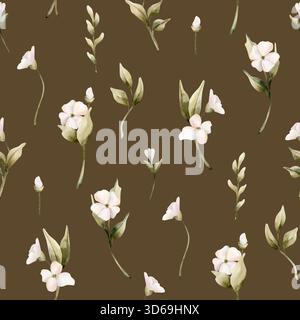 Piccoli fiori bianchi con foglie senza cuciture. Gelsomino, arancia, fiore di mele. Illustrazione isolata floreale dipinta a mano ad acquerello per il matrimonio des Foto Stock