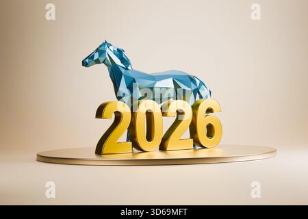 La silhouette del cavallo è posta dinamicamente accanto al numero 2026. Foto Stock