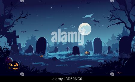 Scena del cimitero di notte, con pietre tombali, lanterne luminose, pipistrelli volanti e una luna piena di luce. Celebra temi spaventosi stagionali Illustrazione Vettoriale
