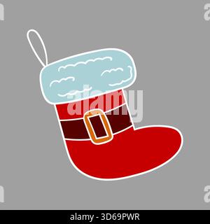 Icona di Natale, inverno. Calzino. Illustrazione a colori disegnata a mano su sfondo grigio. Contorno bianco. Design per cartoline e striscioni. Icona, distintivo, segno, Illustrazione Vettoriale