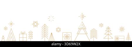 Sfondo del paesaggio natalizio con alberi d'oro, regali, fiocchi di neve e stelle su sfondo isolato, striscioni natalizi, icone geometriche minimaliste Illustrazione Vettoriale