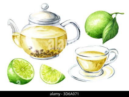Set da tè al lime. Illustrazione ad acquerello disegnata a mano isolata su sfondo bianco Foto Stock