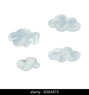 Nuvole di acquerello blu, cielo disegnato a mano soffice, luce in stile infantile. Illustrazione isolata dallo sfondo per disegni di schede poster e sfondo Foto Stock