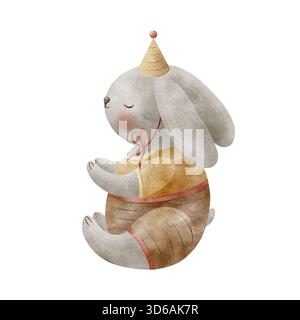 Coniglio, illustrazione ad acquerello con lepre grigia in costume vintage, cappello da festa su sfondo isolato. Animale disegnato a mano in stile retrò per bambini Foto Stock