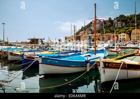 Colorate barche da pesca tradizionali ormeggiate nel porto di Nizza, in Francia, con alberi, riflessi e paesaggi costieri sullo sfondo. Foto Stock
