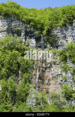 Una piccola cascata scorre su una ripida parete rocciosa circondata da una foresta verde, la cascata Okatse, la cascata Kinchkha, la cascata in tre fasi, Satsikvilo g Foto Stock