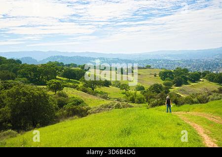 Le colline verdi ondulate si estendono in lontananza sotto un cielo blu parzialmente nuvoloso, con una persona solitaria che cammina lungo un tortuoso sentiero sterrato. Foto Stock