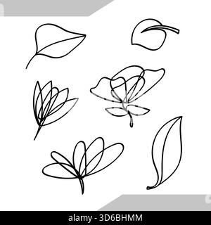 Collezione disegnata a mano a linee continue con fiori e foglie. Illustrazione vettoriale. Illustrazione Vettoriale