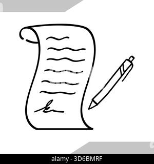 Documento per contratto con Doodle disegnato a mano e illustrazione della penna. Illustrazione vettoriale Illustrazione Vettoriale